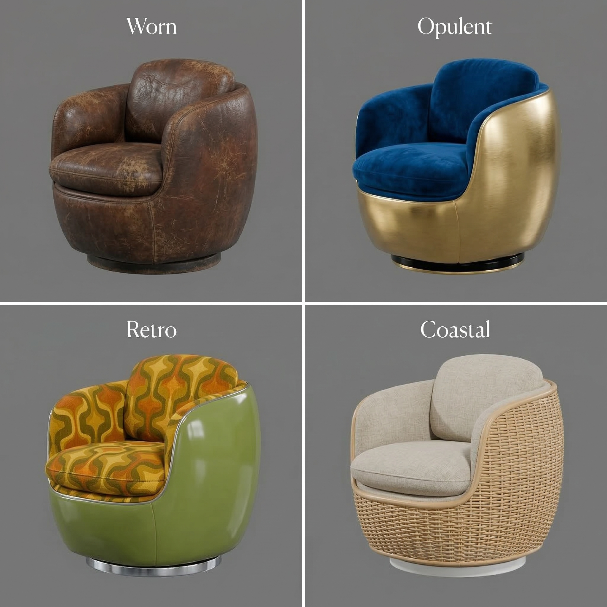 Four material theme targets: Worn, Opulent, Retro, Coastal