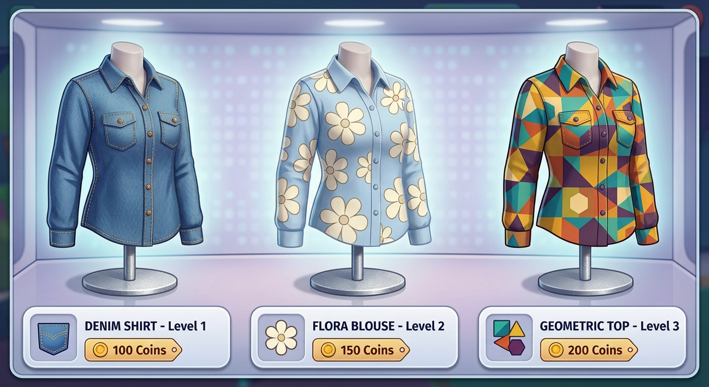In-game concept showing denim, floral, and geometric variants