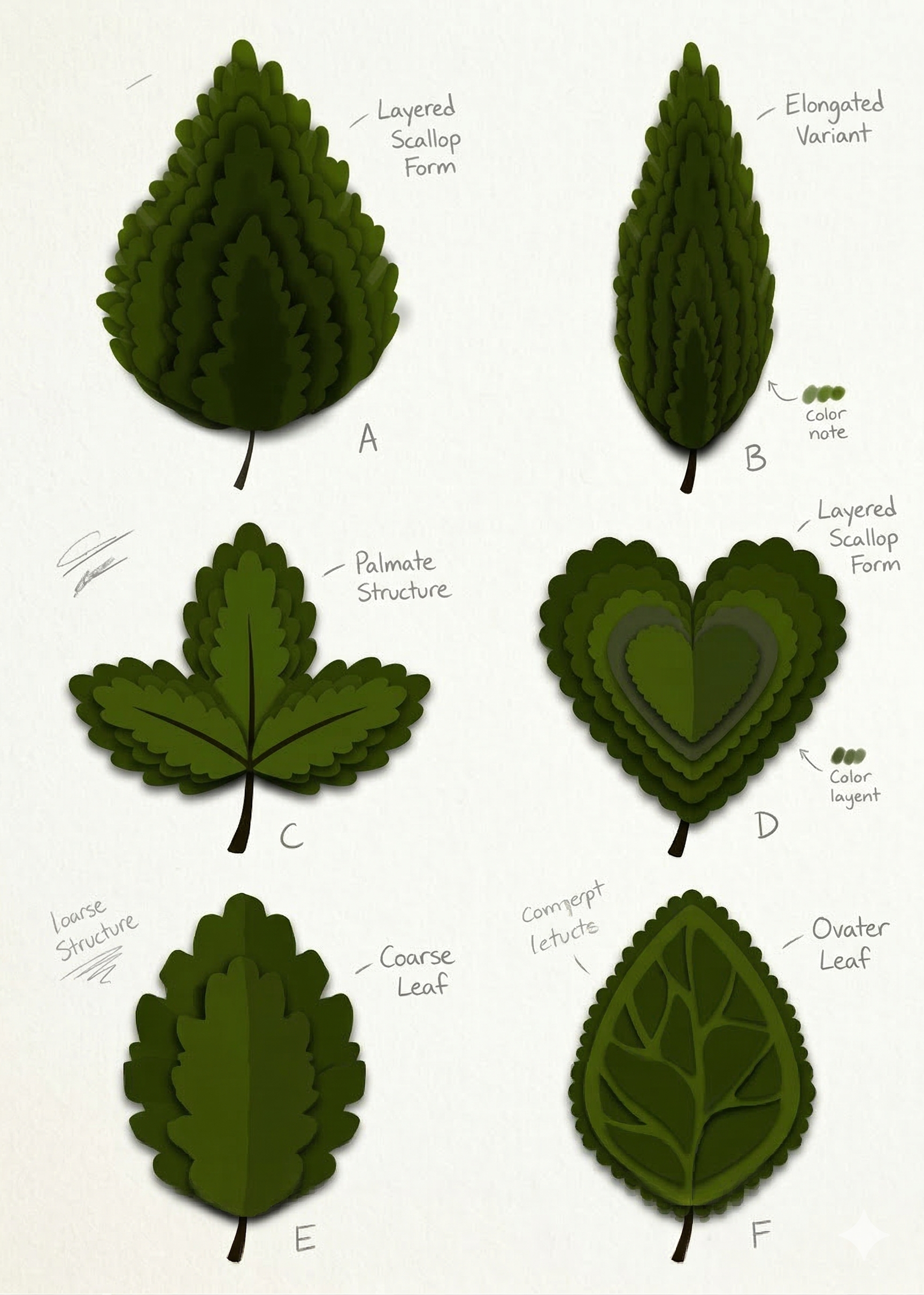 Six leaf form variations A–F for exploration