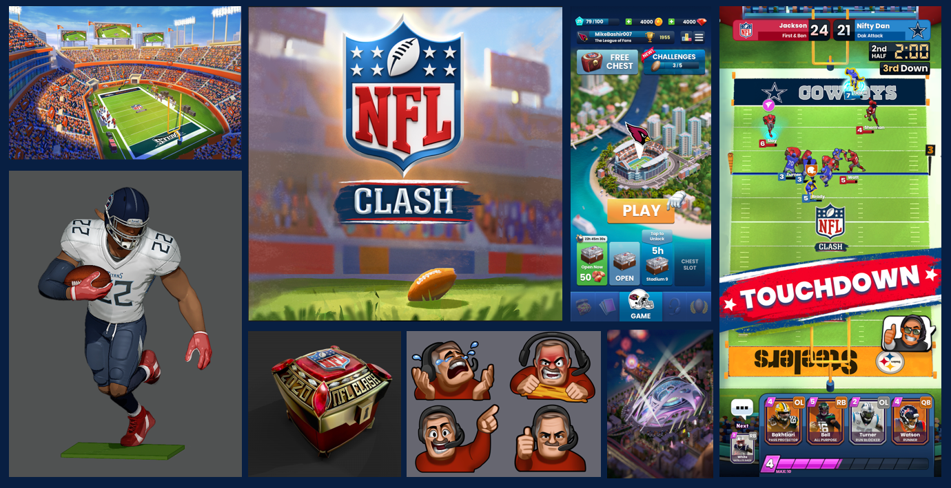 NFL Clash art direction overview — characters, UI, environments, and loot