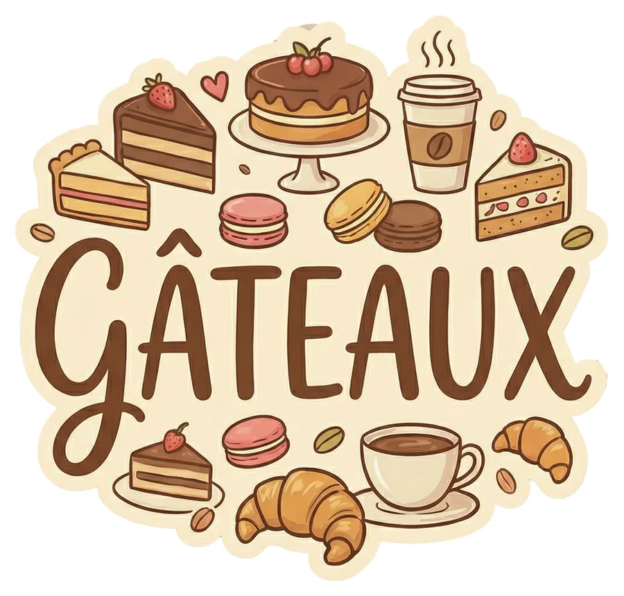 Gateaux wordmark sticker with cakes, croissants, and coffee