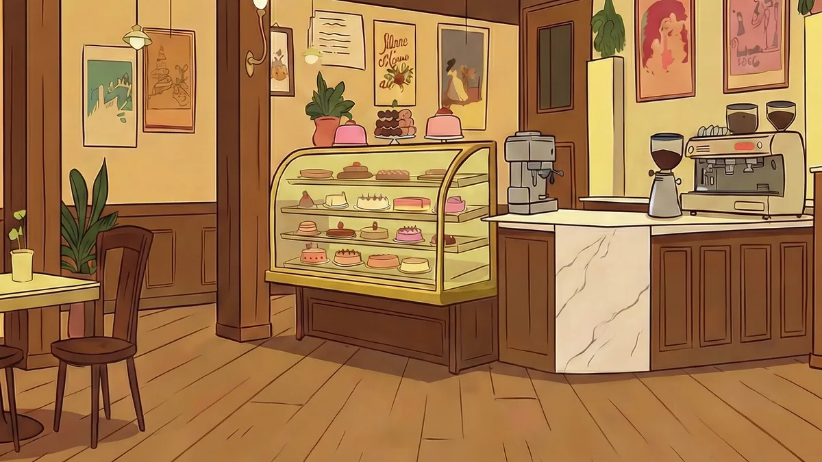 Gateaux café interior with a pastry display case