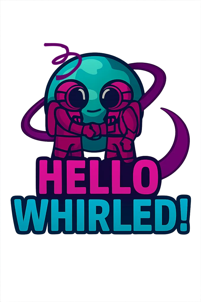 Hello Whirled astronauts hugging a smiling planet above the product title