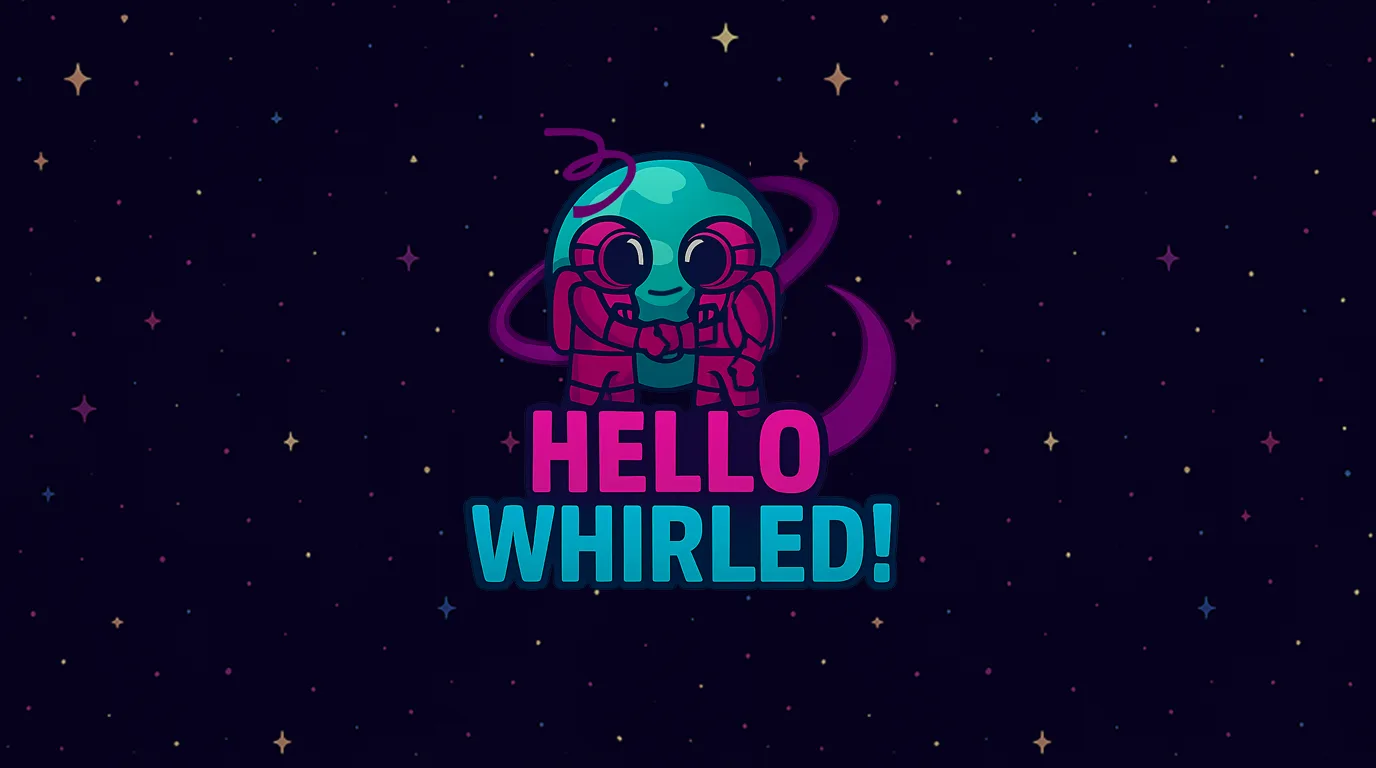 Hello Whirled logo with astronauts hugging a small planet