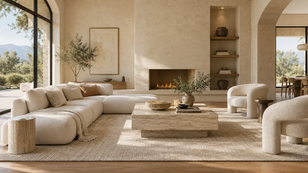 Sunlit living room with a curved sectional, stone coffee table, and fireplace