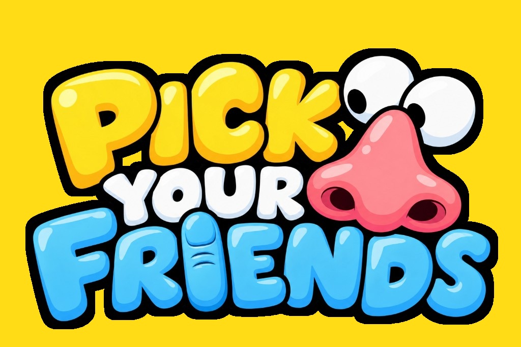 Pick Your Friends logo featuring a cartoon nose and eyes on a yellow background