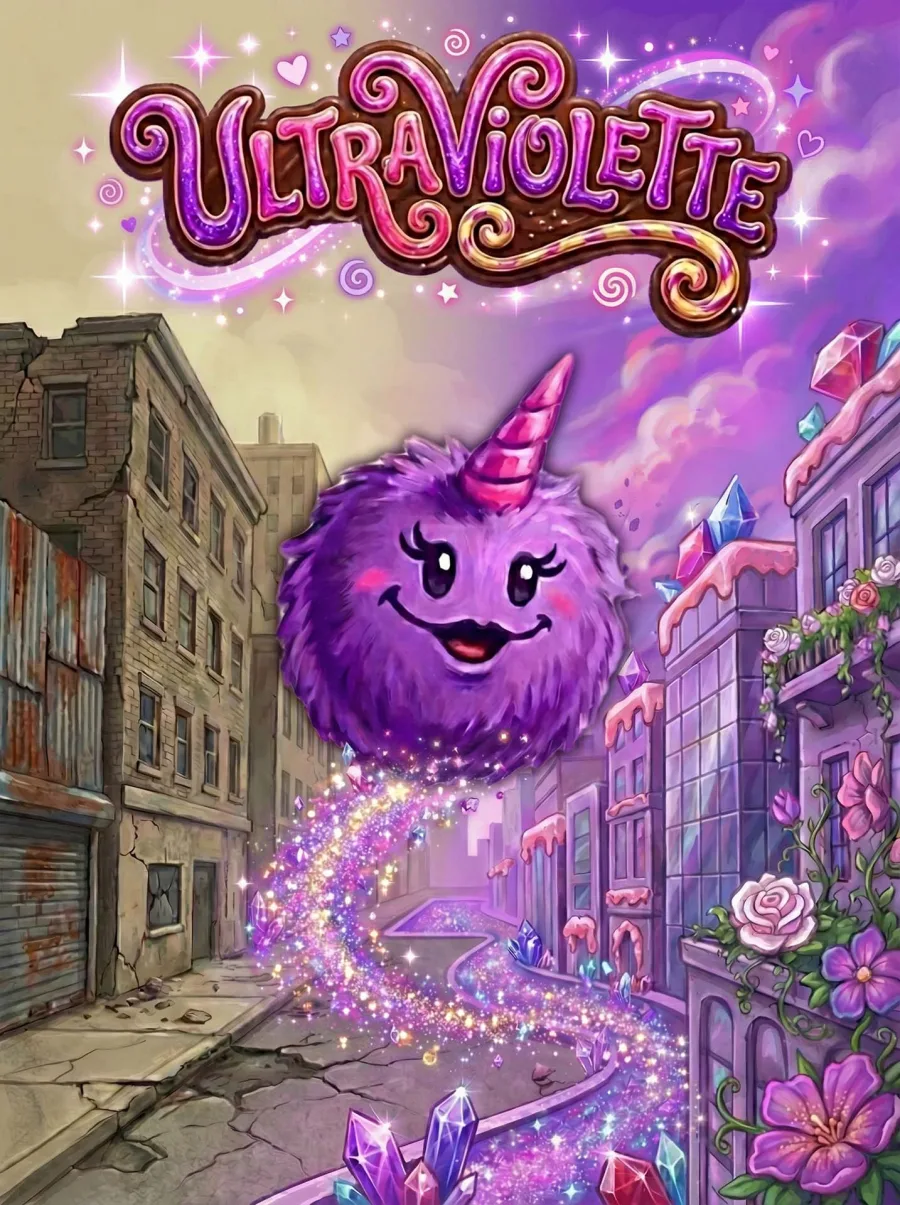 Ultraviolette character spreading a sparkling purple trail through a city changing from grey to colorful